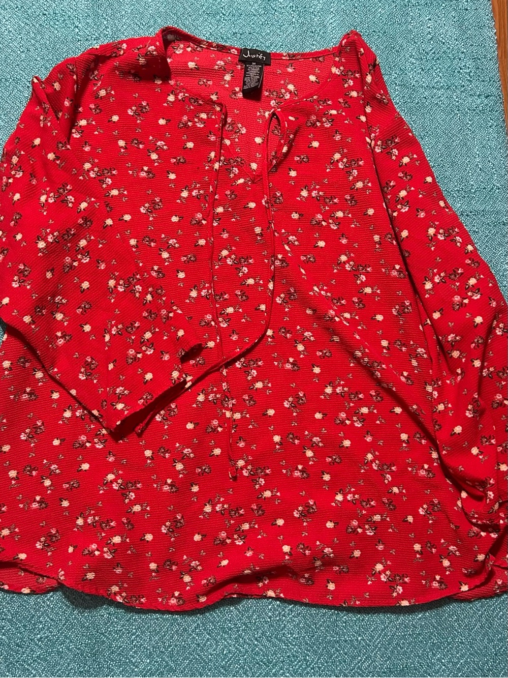Justify Women’s 3X Red Floral Long Sleeve Tie-Neck Blouse Plus Size